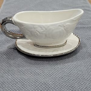 Brand New Beautiful White & Silver Gravy Boat!